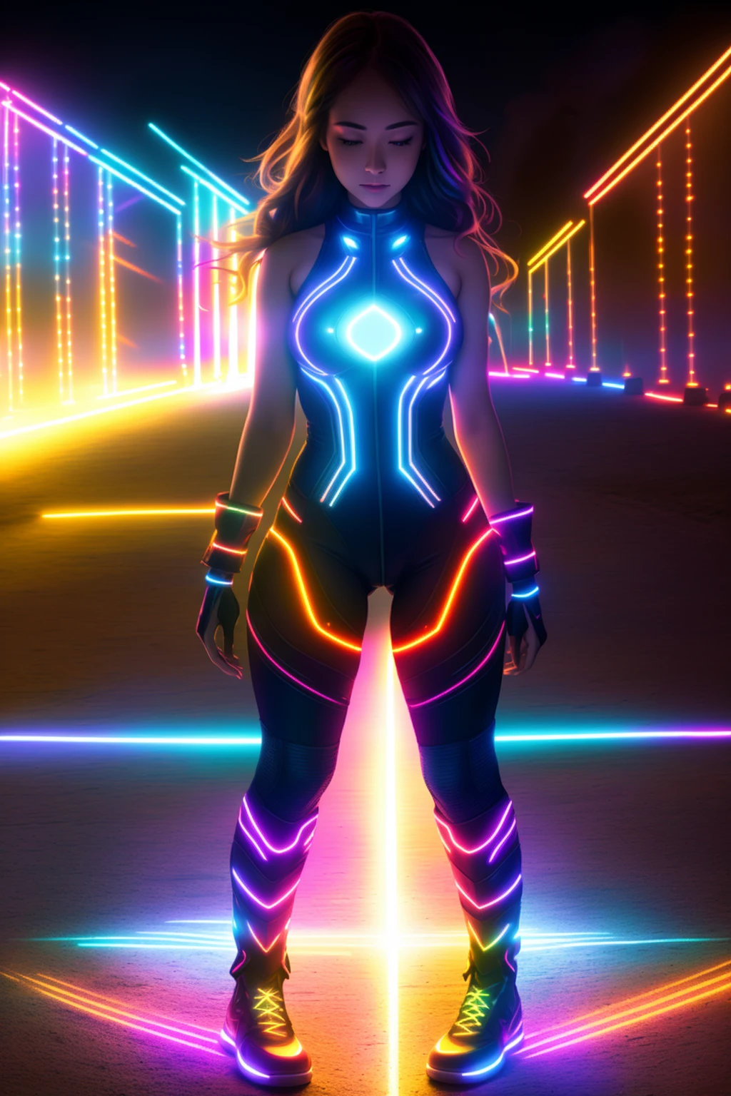 rgb, <lora:GamerFashion-rgb-V1:1>, 1girl, rave festival, night, light rays, edc, rave, highres, lens flare, led, masterpiece, cinematic lighting, perfect skin, long vivid colorful hair, toned, cameltoe, breast focus, legs focus