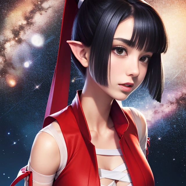 LadSam,long black hair,ponytail,pointy ears,black eyes,navel, bangs, solo, upper body, close up
LadATT,sarashi, detached sleeves ,red hakama ,midriff, tabi, sandals, ribbon-trimmed sleeves, white open vest, white chest bandages,
outer space, open dojo, stars, milky way,
(insanely detailed, beautiful detailed face, masterpiece, best quality) <lora:LadySamurai:0.7>