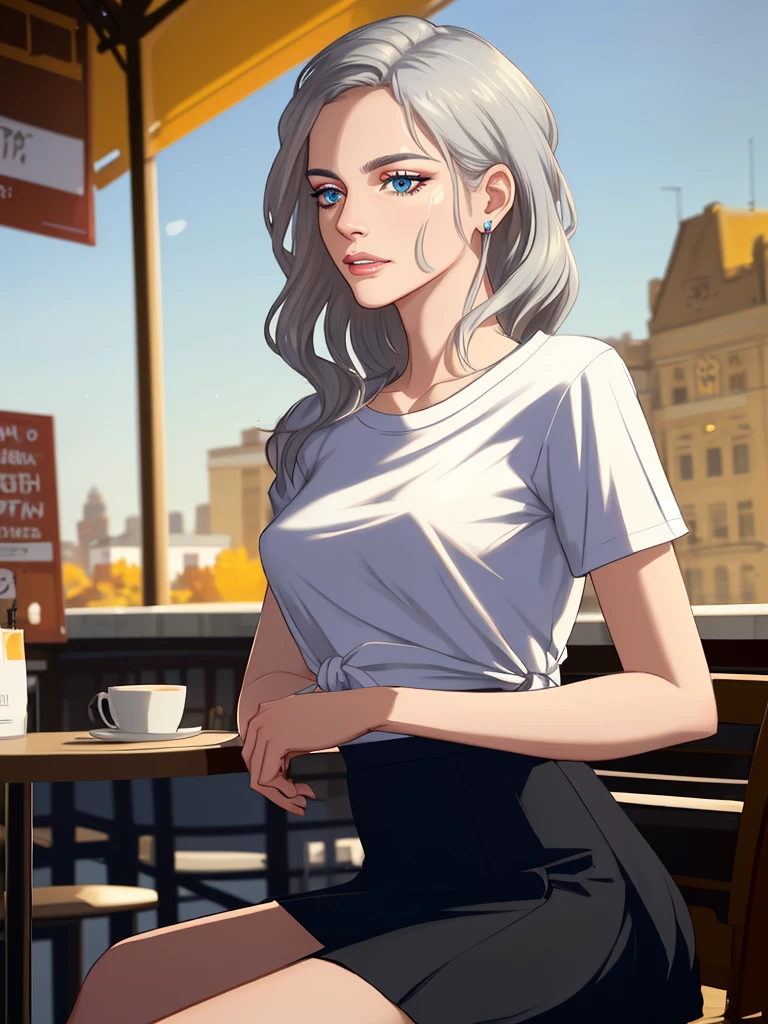 woman, (perky breasts), sitting at an cafe listening to music, medium breasts, silver hair, disheveled hair, long eyelashes, parted lips, (side-tie tshirt:1.1), flared skirt, relaxing, relaxed expression, golden hour, detailed, masterpiece, absurdres, best quality<lora:perkyBreasts-000017:1>