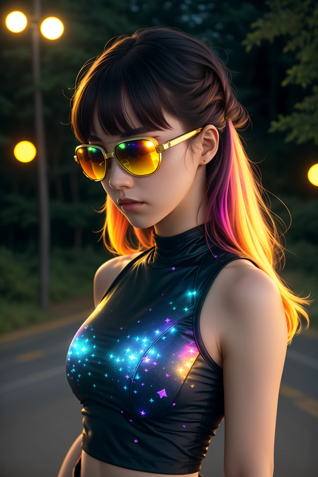 rgb, <lora:GamerFashion-rgb-V1:1>, from_above, crop top, detailed face, yellow bodycon tank top, hair, park, sky, trees, pale skin, moonlight, stars, 1girl, statement sunglasses, woman,petite, vivid colors, bokeh background, subject for emphasis,dramatic colors,