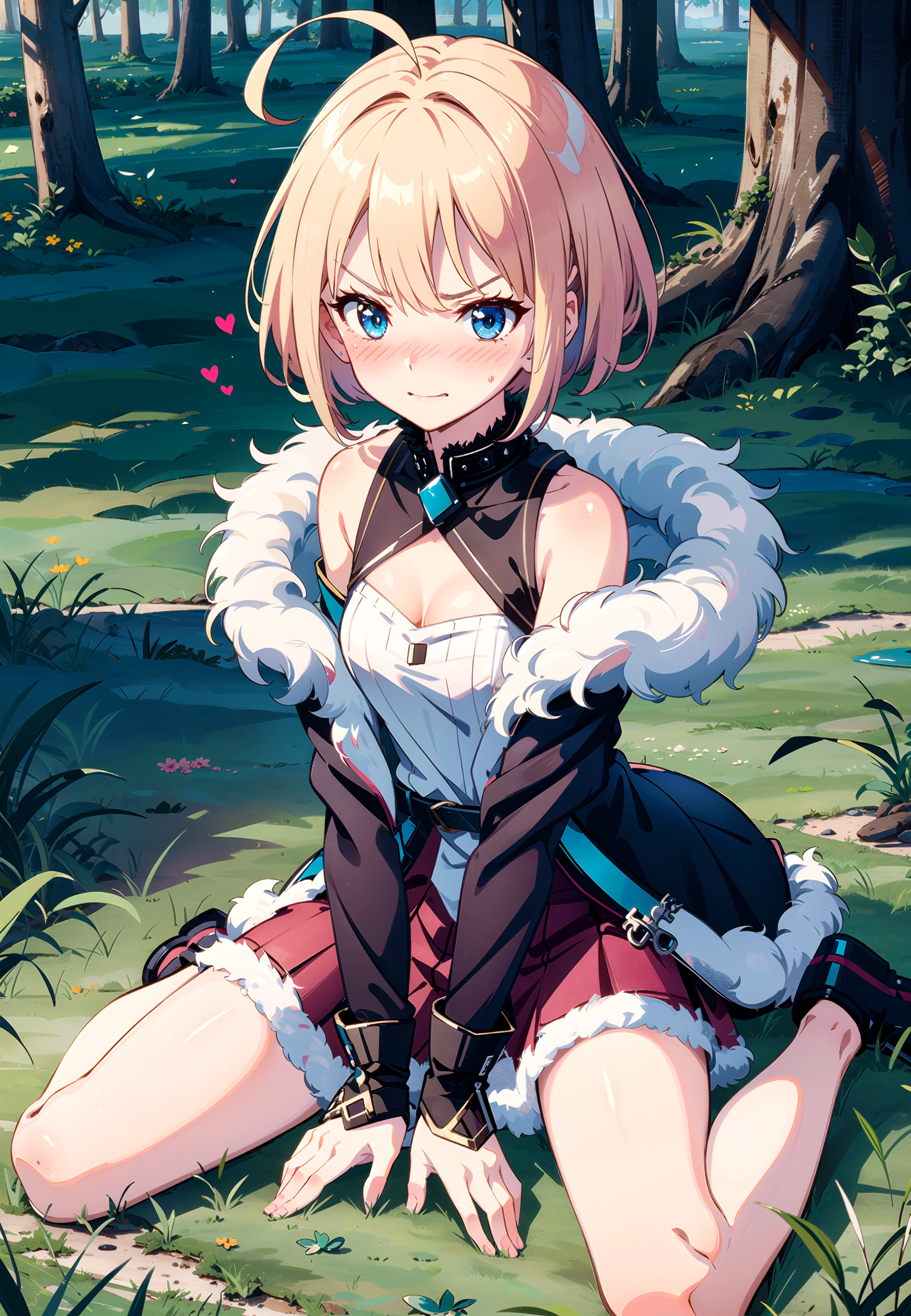 masterpiece, best quality, ((blush|angry):1.3),
1girl, sitting, ahoge, blonde hair, blue eyes, fur collar, fur trim, grass, short hair, smile, solo, trembling, full body,
sky, forest,