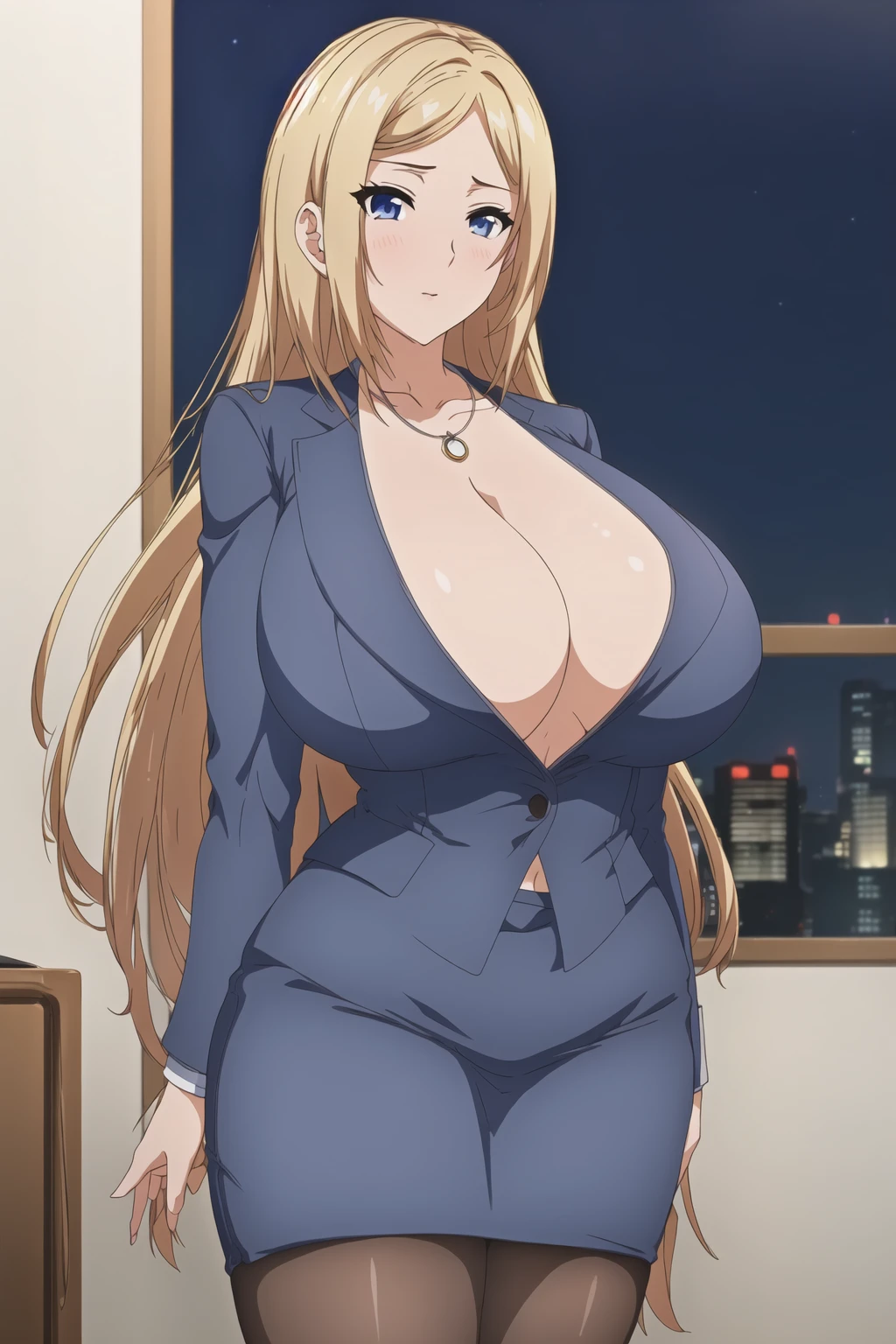 (Night:1.7), Japan, Tokyo, CityView, Before Window,
Standing at attention,(Upper_body:1.3),
suit,jacket,Blue_shirt,Long_sleeves,cleavage, collarbone,Blue_pencil_skirt,Black_pantyhose,
<lora:Otoha_Watase_Kazoku-KK77-V2:0.7>,jewelry,necklace,office lady,
blonde_long_hair, parted bangs,Blue_eyes,
1 girl,Manga,20yo,mature female,Beautiful Finger,Beautiful long legs,Beautiful body,Beautiful Nose,Beautiful character design, perfect eyes, perfect face,
looking at viewer,
official art,extremely detailed CG unity 8k wallpaper, perfect lighting,Colorful, Bright_Front_face_Lighting,
(masterpiece:1.0),(best_quality:1.0), ultra high res,4K,ultra-detailed,
photography, 8K, HDR, highres, absurdres:1.2, Kodak portra 400, film grain, blurry background, bokeh:1.2, lens flare, (vibrant_color:1.2)
(Beautiful,large_Breasts:1.4), (beautiful_face:1.5),(narrow_waist),