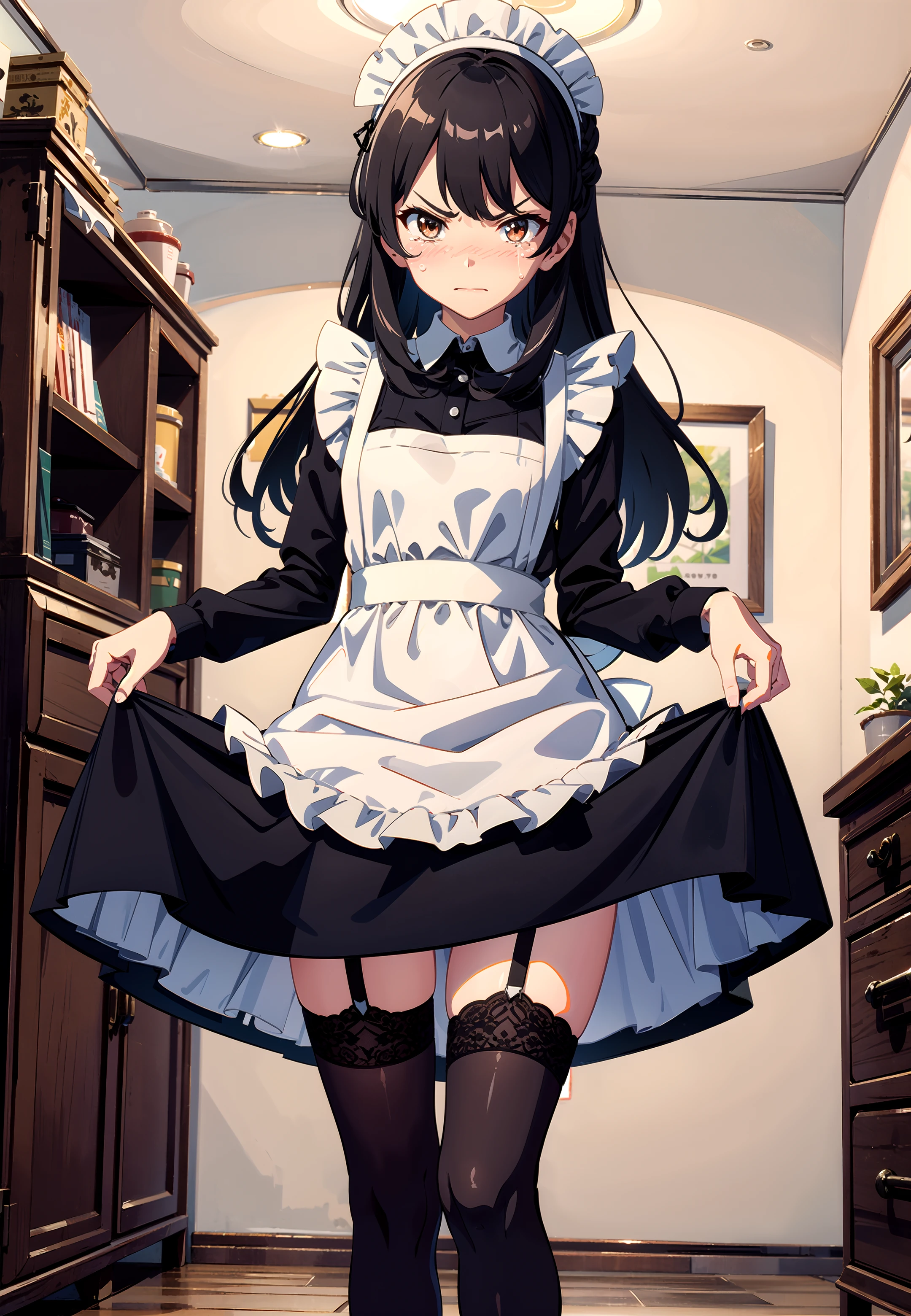 masterpiece, best quality, indoors, blush, ((angry|cry):1.2),
1girl, apron, black dress, black footwear, black hair, blush, brown eyes, brown legwear, dress, garter straps, black high heels, long hair, long sleeves, looking at viewer, maid, maid headdress, shoes, smile, solo, thighhighs, skirt hold, skirt lift,