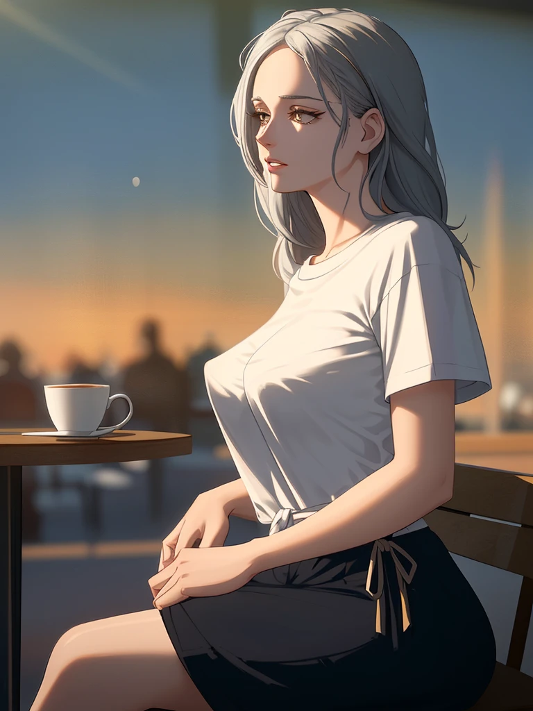 mature female, ((perky breasts)), sitting at an cafe listening to music, silver hair, disheveled hair, long eyelashes, parted lips, (side-tie tshirt:1.1), flared skirt, relaxing, relaxed expression, golden hour, volumetric lighting,, detailed, masterpiece, absurdres, best quality<lora:perkyBreasts-000017:1>