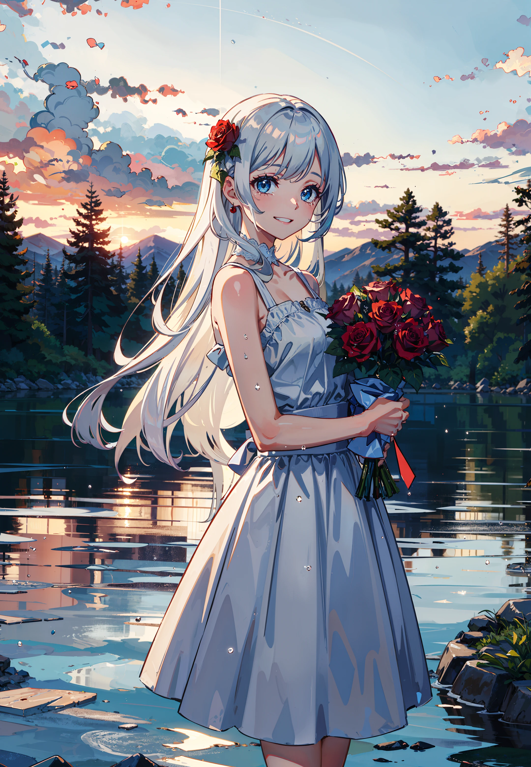 masterpiece,best quality, ((cry|smile):1.2),
1girl, bare shoulders, white hair, blue eyes, very long hair, grin, bouquet, day, dress, flower, holding, holding bouquet, lake, looking at viewer, nature, outdoors, red flower, rose, solo, standing, tree, water, water drop, waterfall, wet,
sky, cloudy sky, building, sun,