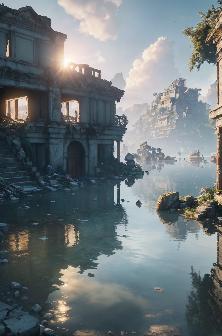 (8k, RAW photo, best quality, masterpiece:1.2), (realistic, photo-realistic:1.37), octane render, ultra high res, ultra-detailed , professional lighting, photon mapping, radiosity, physically-based rendering, ue5, ((island sanctuary)), ((ancient fallen kingdom)), ((reflections in water)), ((raytracing)), ((drowned city))