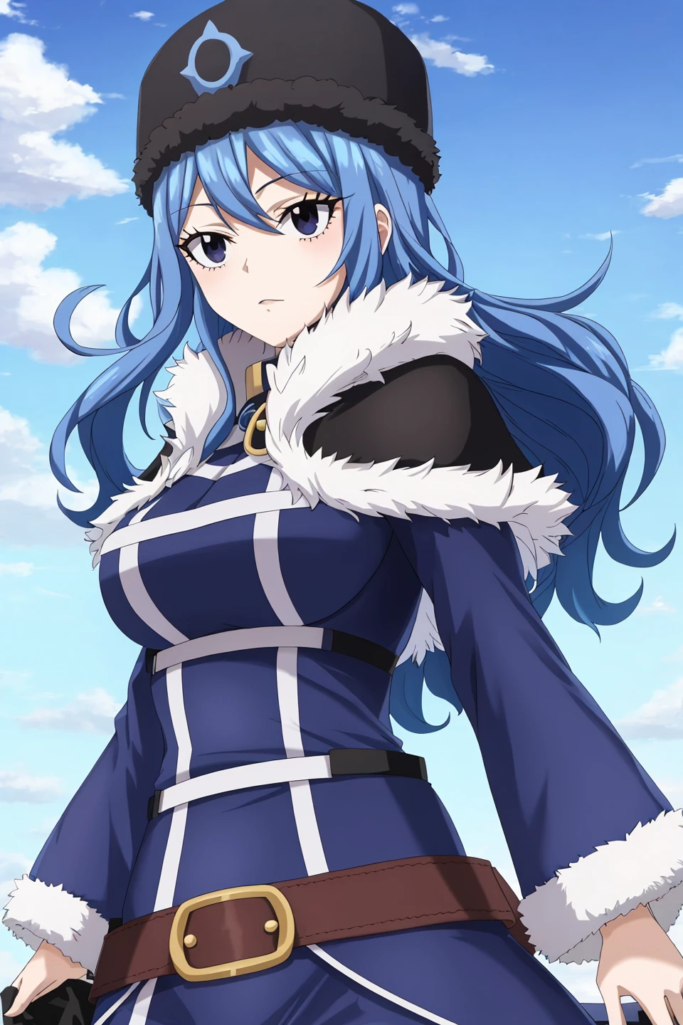 juvia, fairy tail, anime art style, 1girl, long_hair, breasts, long_sleeves, hat, dress, blue_hair, outdoors, sky, belt, cloud, black_eyes, coat, fur_trim, capelet, black_capelet, fur_hat