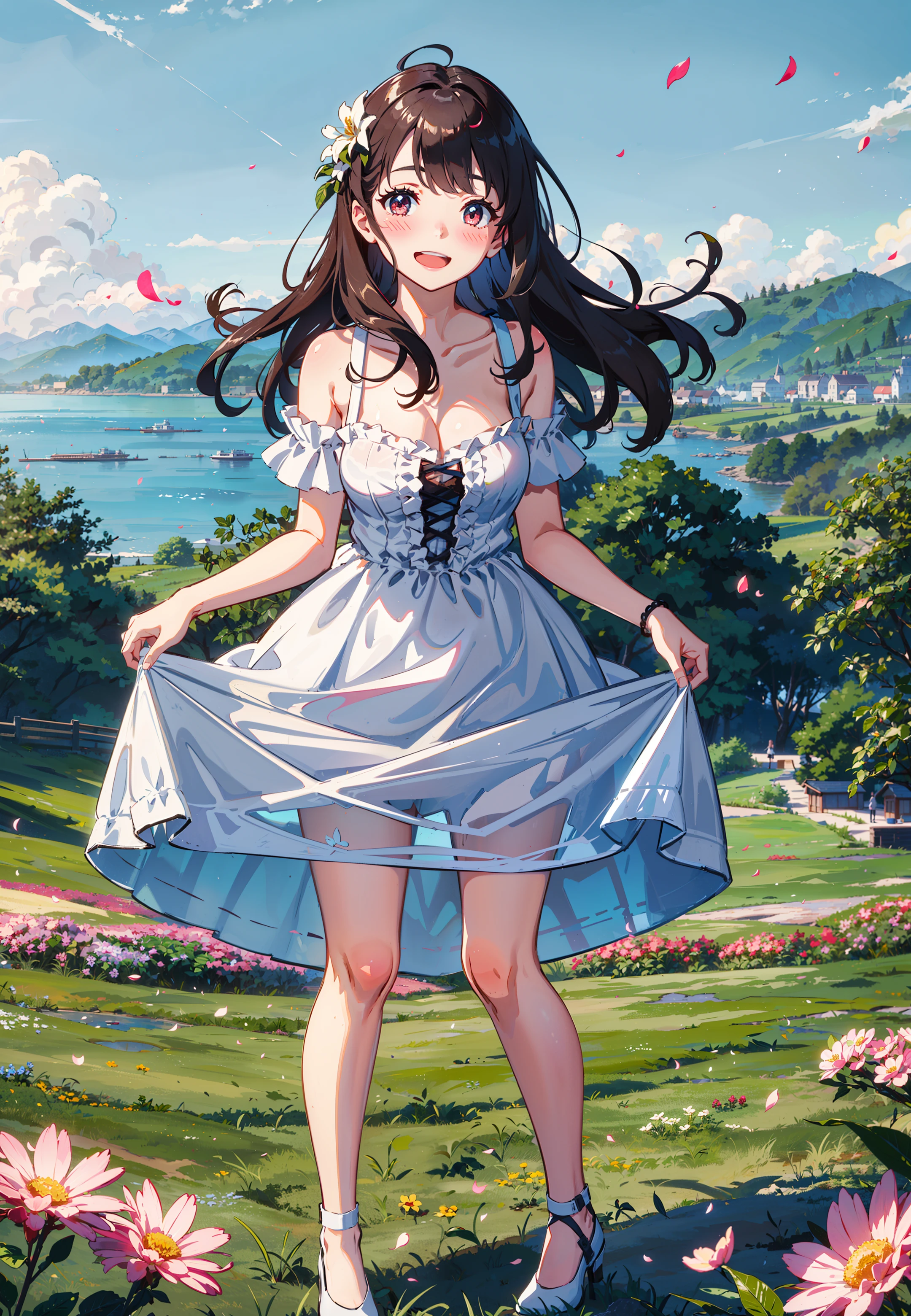 masterpiece, best quality, ((excited|blush):1.2), laughing,
1girl, breasts, cleavage, day, dress, field, grass, hill, horizon, long hair, mountainous horizon, ocean, open mouth, outdoors, skirt hold, sky, smile, solo, standing, white dress, white footwear,
sky, sun, mountain, forest, flower field, petals,