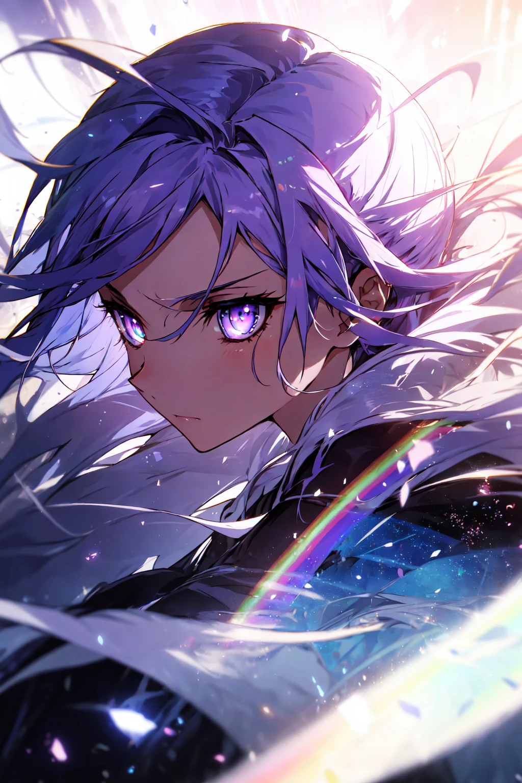 With purple hair and rainbow eyes,beautiful as a fairy,A melancholy expression that stirs affection,side face,floating hair,light particles,glare,vivid,fancy,dreamlike,a dim atomshpere,