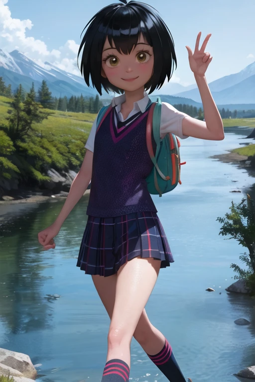 peniparker, smile, looking at viewer, backpack, walking, mountain, river, pale skin <lora:peni_parker:1>