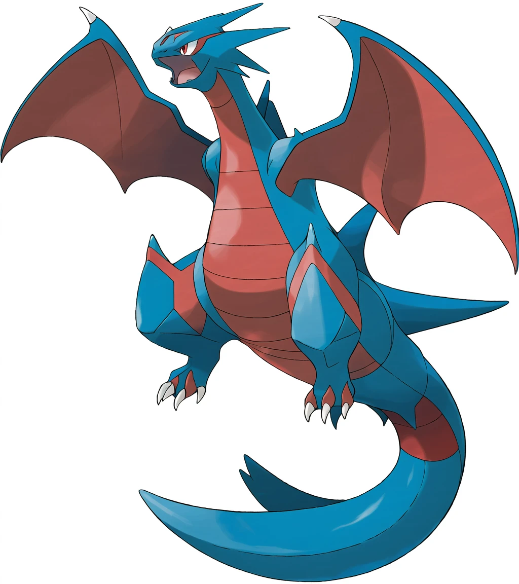 dragon and flying pokemon, salamence, black  draconic Pokmon with red  eyes and with red markings on its throat. It has raised red ridges above its eyes, pointed teeth, and large, red wings, a blue flame at the tip of its tail, blue flames emitting from its mouth, white background, ((masterpiece)) <lora:pokemon_v4_mix_inout:1>