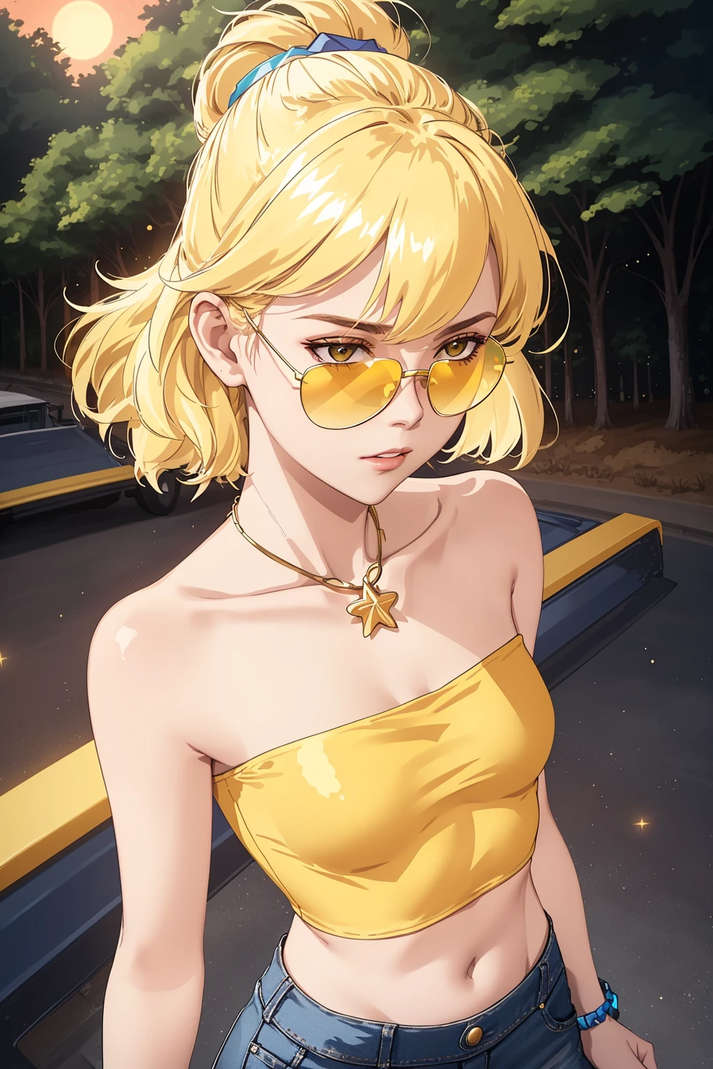 bandeau , <lora:Bandeau-fC-V1:1>, from_above, crop top, detailed face, yellow bodycon tank top, hair, park, sky, trees, pale skin, moonlight, stars, 1girl, statement sunglasses, woman,petite, vivid colors, bokeh background, subject for emphasis,dramatic colors,