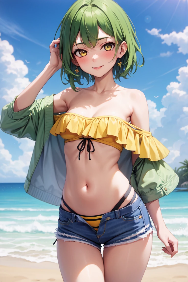 masterpiece, best quality, absurdres, perfect anatomy, 1girl, solo, green hair, medium hair, yellow eyes, medium breasts, off-shoulder bikini, denim shorts, open jacket, standing, cowboy shot, beach scene, smile