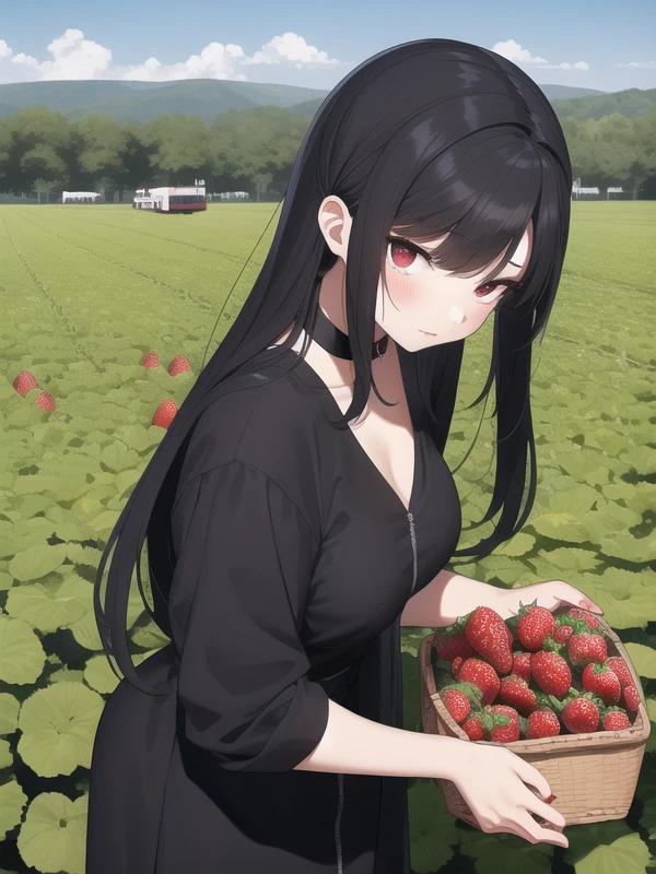 solo,Goth girl picking strawberries in a strawberry field