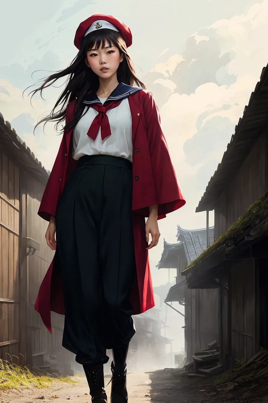 capitals girl with a sailor red cap, asian, red and black color clothes anime key visual full body portrait character concept art, commander with flowing brunette hair green eyes,long straight black hair, brutalist grimdark fantasy, kuudere noble dictator, trending pixiv fanbox, rule of thirds golden ratio, by greg rutkowski wlop makoto shinkai takashi takeuchi studio ghibli jamie wyeth,bw, (natural skin texture, hyperrealism, soft light, sharp)