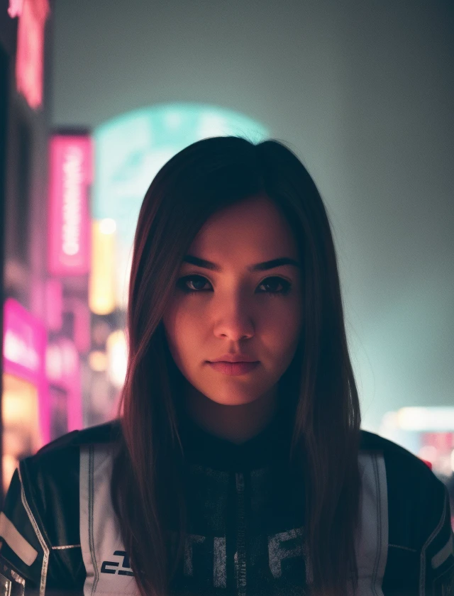 raw photo, fuji film, film grain, closeup shot, a woman, cybersuit, cyberpunk, complex background <lora:Analog Style Fuji:0.7>