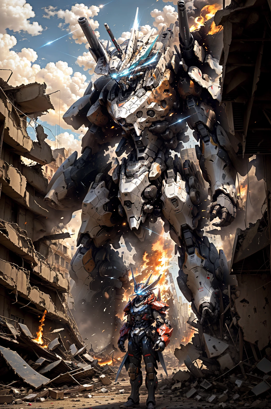 masterpiece, best quality, mecha, no humans, black armor, blue eyes, science fiction, fire, laser canon beam, war, conflict, destroyed city background, <lora:Niji:1.2:MIDD>