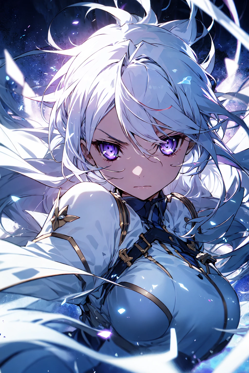 with platinum hair and purple eyes, beautiful eyes, a melancholy expression that stirs affection, large breasts, floating hair, light particles, glare, vivid,fancy, dreamlike, a dim atomshpere,