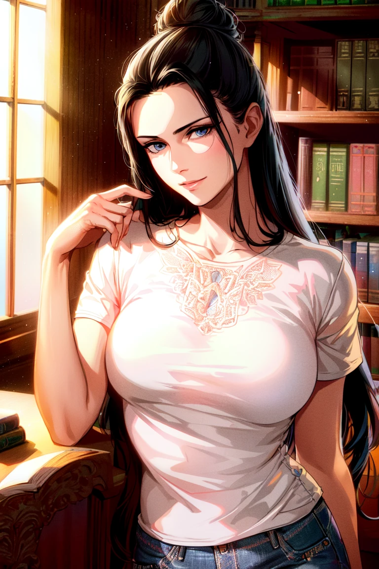 ultra realistic 8k cg, ((ultra detailed background, delicate pattern, intricate detail)), (highly detailed, fine details), best quality, (photorealistic:1.4),beautiful lighting, absurdres, RAW photo, film grain, ((medium breasts, slim girl, white T-shirt, jeans, hair in a bun, simple T-shirt)), NicoRobinV2, 1girl, black hair, long hair, solo, medium breasts, smile, sunglasses, blue eyes, eyewear on head, closed mouth, hair slicked back, jewelry, (complex detailed background, inside, castle room environment, medieval castle library, library, gray walls, window, bookshelf), ((close-up, portrait)),<lora:DetailTweaker:0.5>, <lora:NicoRobinV2:0.7>