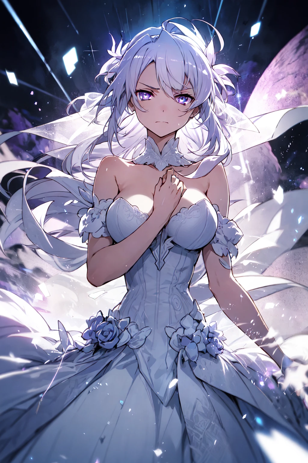 with platinum hair and purple eyes, beautiful eyes, a melancholy expression that stirs affection, large breasts, wedding dress, floating hair, light particles, glare, vivid,fancy, dreamlike, a dim atomshpere,