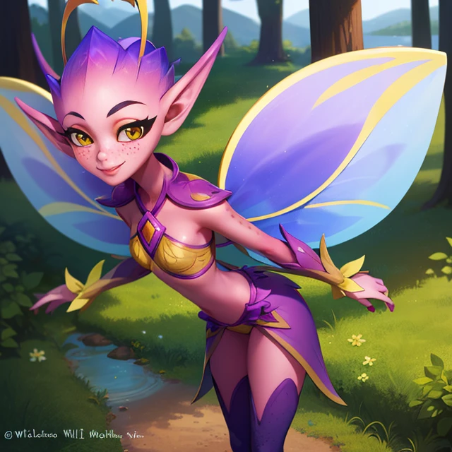 Willow,pink skin ,purple skin,freckles,yellow eyes , solo , standing, close up, smiling, devious,
WILLWI,fairy wings, wings, thighhighs, boots,
forest, lake, morning
(insanely detailed, beautiful detailed face, masterpiece, best quality) <lora:Willow:0.7>