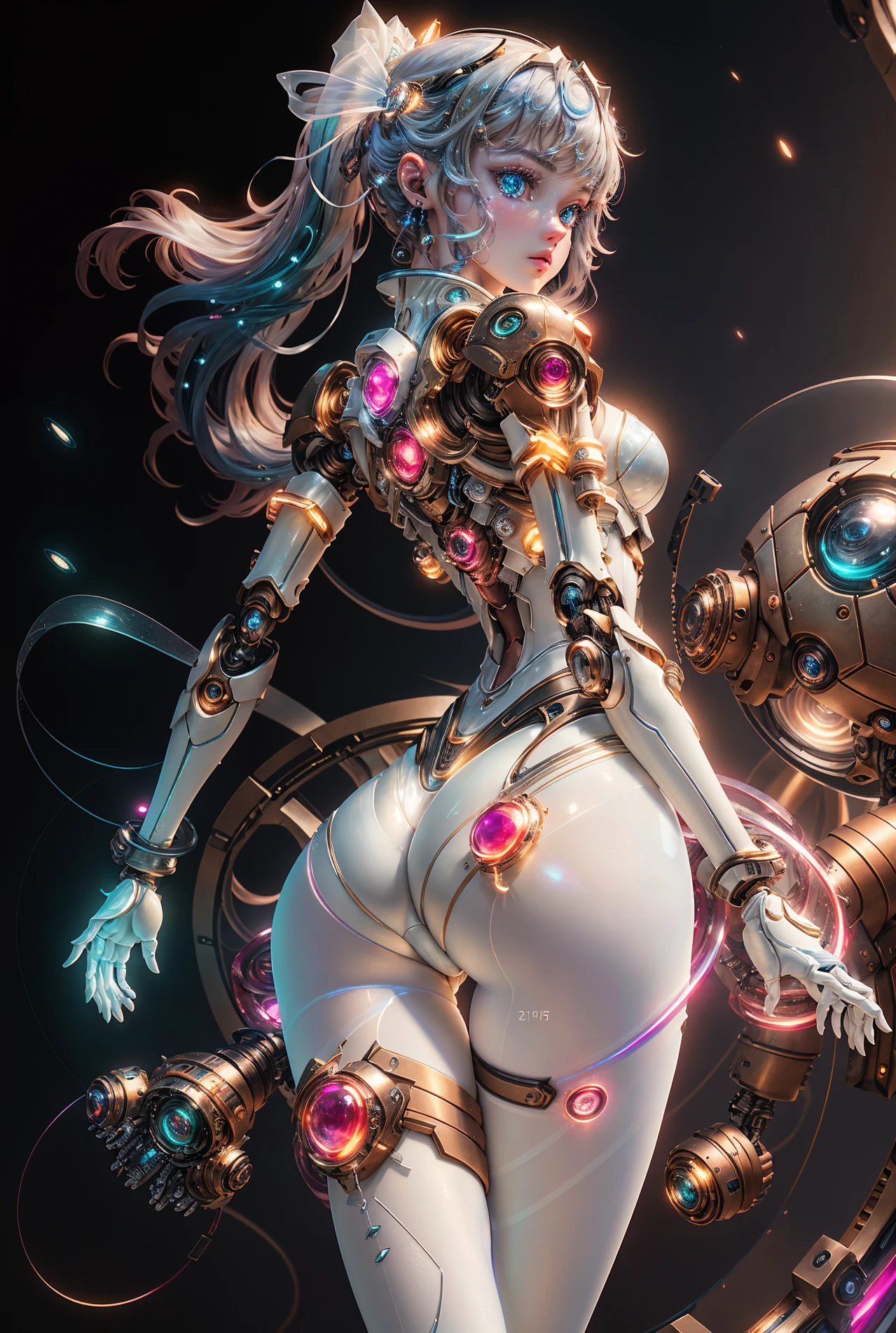 (best quality, masterpiece, ultra high resolution),(photorealistic:1.5), award winning photo, highest quality, extremely detailed, (realistic),  f1.6 lens hyper realistic lifelike texture dramatic, ((simple background)), 
((1girl)), solo focus, ((pantyhose)), ((solo)), Neonpunkai, (breasts),  mecha musume,mechanical parts, headgear, perfect eyes, perfect face,
18yo, thin legs, pale skin, (glowing),
byDylanKowalski, ornaments, mechanical arms, porcelain, (pearl), holographic, titanium, (diamond), (ruby), (sapphire), (gemstones), clockwork, worn edges,
(staring),
(from behind),
(inverted colors),
(white pantyhose),
 (pureerosface_v1:0.7),
<lora:dylanKowalski:0.2>   <lora:add_detail:0.3>  <lora:Neonpunkai-8:0.4>  <lora:OC:0.3>  <lora:A-Mecha-REN[color_theme,mecha musume, mechanical parts, robot joints,headgear,full armor]:0.2>