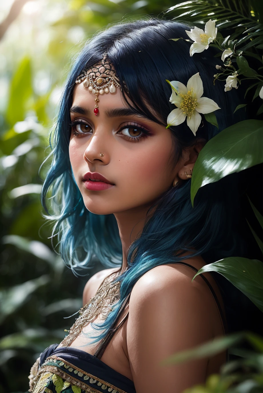 fashion photography portrait of indian girl with blue hair, in lush jungle with flowers, 3d render, cgi, symetrical, octane render, 35mm, bokeh, 9:16, (intricate details:1.12), hdr, (intricate details, hyperdetailed:1.15), (natural skin texture, hyperrealism, soft light, sharp:1.2), detailed, sunlight passing through foliage