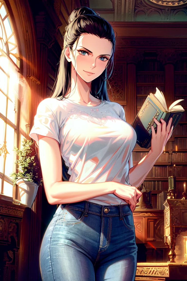 ultra realistic 8k cg, ((ultra detailed background, delicate pattern, intricate detail)), (highly detailed, fine details), best quality, (photorealistic:1.4),beautiful lighting, absurdres, RAW photo, film grain, ((medium breasts, slim girl, white T-shirt, jeans, hair in a bun, simple T-shirt)), NicoRobinV2, 1girl, black hair, long hair, solo, medium breasts, smile, sunglasses, blue eyes, eyewear on head, closed mouth, hair slicked back, jewelry, (complex detailed background, inside, castle room environment, medieval castle library, library, gray walls, window, bookshelf), ((cowboy shot. holding closed book)),<lora:DetailTweaker:0.5>, <lora:NicoRobinV2:0.7>