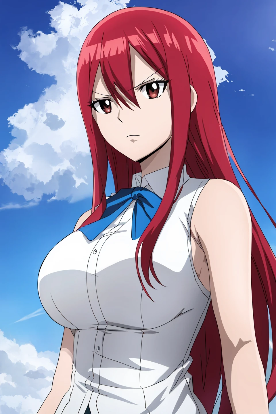 erza, fairy tail, anime art style, 1girl, solo, long_hair, breasts, large_breasts, shirt, ribbon, brown_eyes, upper_body, red_hair, outdoors, sky, sleeveless, day, cloud, blue_sky, frown, serious