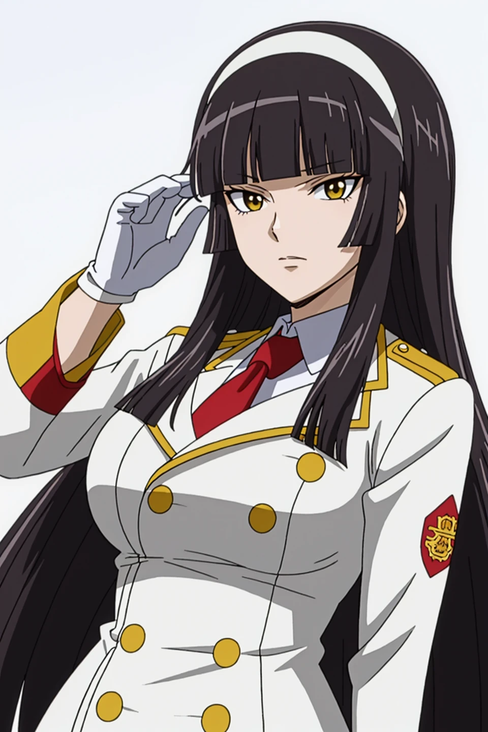 kagura, fairy tail, anime art style, 1girl, solo, long_hair, breasts, bangs, large_breasts, black_hair, gloves, hairband, necktie, white_gloves, blunt_bangs, uniform, military, military_uniform, white_hairband, hime_cut