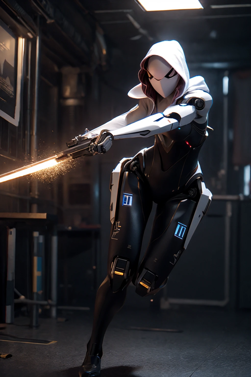 roblit, robot, (RAW photo, 4k, realistic, exquisitely detailed skin), masterpiece, best quality, official art, unity 8k wallpaper, ultra detailed, cinematic look,high saturation,best anatomy,
full shot, full body, 1girl, a woman, robot spider-gwen, robot bodysuit, face masked, hood, fighting other character,  <lyco:spider_gwen:0.6>,
, (best quality, 8k, 32k, masterpiece, UHD:1.2), ultra high res, (photorealistic:1.4), raw photo, <lyco:add_detail:0.3>,   <lyco:Mecharobot:0.8>