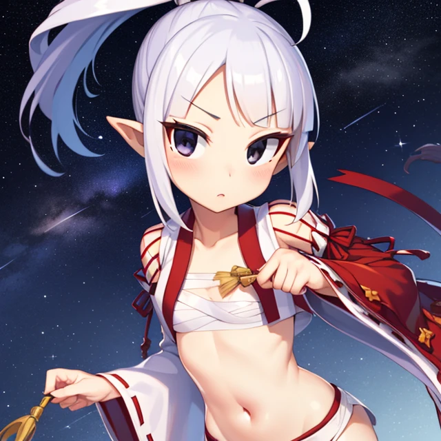 LadSam,long hair,ponytail,pointy ears,black eyes,navel, bangs, solo, standing, upper body, close up
LadATT,sarashi, detached sleeves ,red hakama ,midriff, tabi, sandals, ribbon-trimmed sleeves, white open vest, chest bandages,
outer space, open dojo, stars, milky way,
(insanely detailed, beautiful detailed face, masterpiece, best quality) <lora:LadySamurai:0.7>