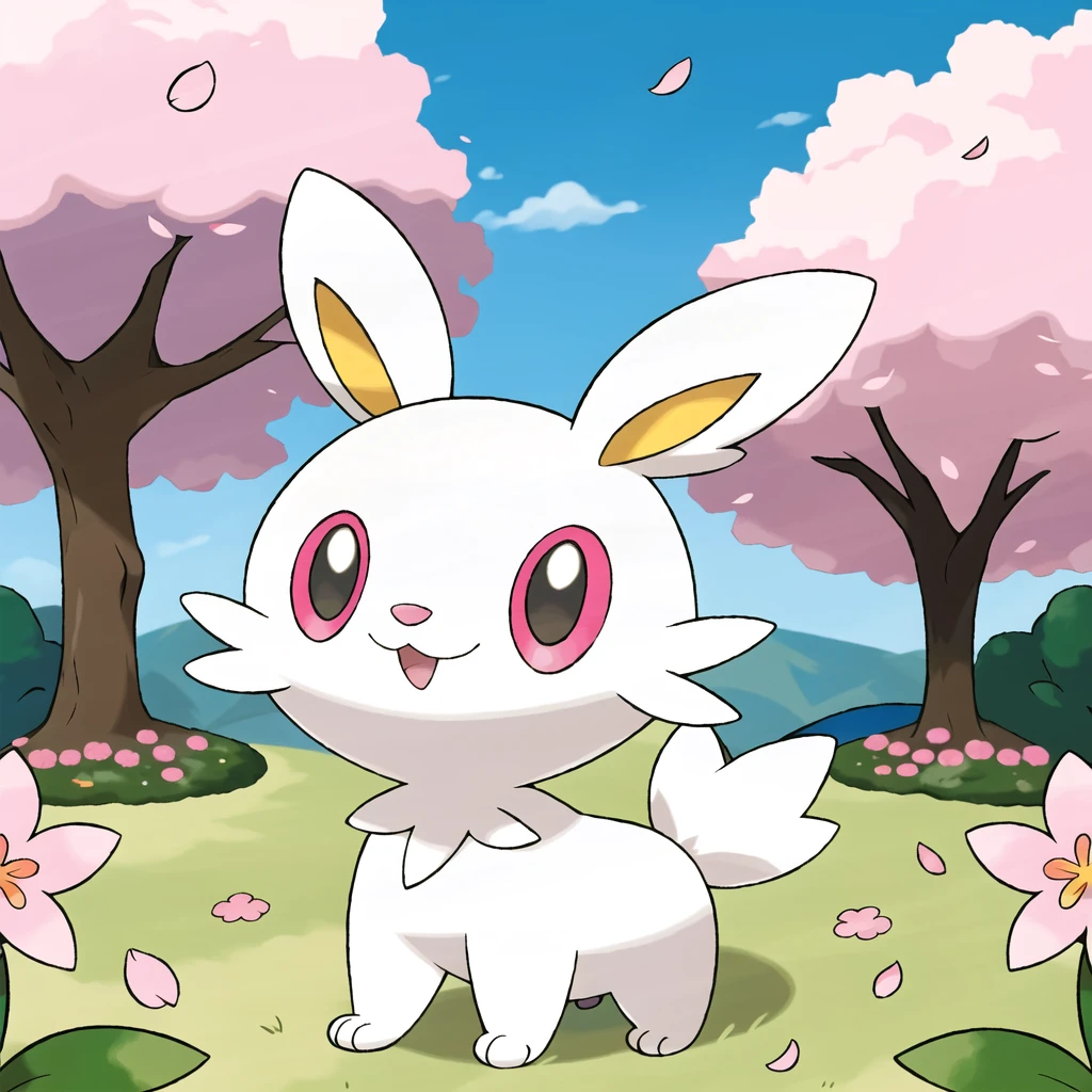 <lora:pokemon_v4_mix_outin:1>electric and fairy type pokemon, (sprigatito:0.8) (pachirisu:0.6), Quadrupedal rabbit Pokmon with white fur, yellow ears, a tuft of fur on its chest, and a black  eyes and nose, cherry blossoms. Two pointed teeth visible in upper jaw. Has a fluffy tail and small paws,((masterpiece)), outdoors, grass, detailed, best quality, small flowers