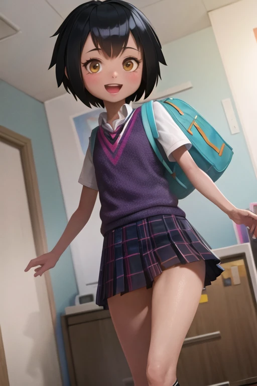 peniparker, :d, looking at viewer, backpack, walking, bedroom, pale skin <lora:peni_parker:1>