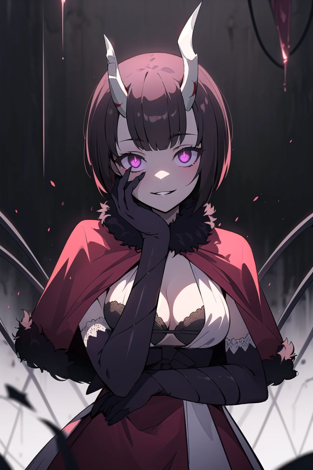 (low key, dark theme:1.2), <lora:Eriko_V0.8:0.8> eriko, purple eyes, +_+, red dress, red capelet, fur trim, cleavage, elbow gloves, glowing eyes, smile, parted lips, yandere, upper body, hand on own face, looking at viewer, (evil smile, creepy stare:1.3), constricted pupils, small pupils, prison, jail