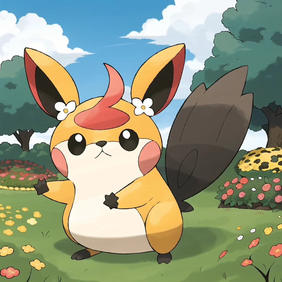 <lora:pokemon_v4_mix_outin:1>sugimori ken, electric pokemon, Yellow chubby rodent Pokmon with brown stripes on its back, long pointed ears with black tips, red cheeks, and a fluffy tail, (masterpiece), outdoors, grass, detailed, flowers