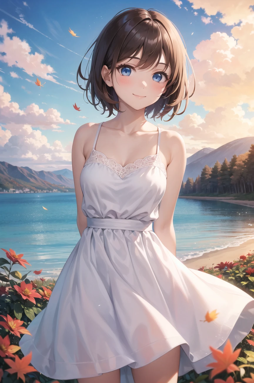 1girl, autumn, autumn_leaves, bangs, beach, blue_sky, blush, breasts, brown_hair, closed_mouth, cloud, cloudy_sky, collarbone, day, dress, field, flower,  horizon, (lake:1.2), leaf, looking_at_viewer, mountain, mountainous_horizon, (ocean:1.2), outdoors, palm_tree, petals, plant, red_flower, short_hair, skirt, sky, smile, solo, standing, sunset, tree, twilight, water, white_dress, perfect eyes, (white dress:1.2), (arms behind back:1.2), (perfect eyes:1.2), (blue eyes:1.2)