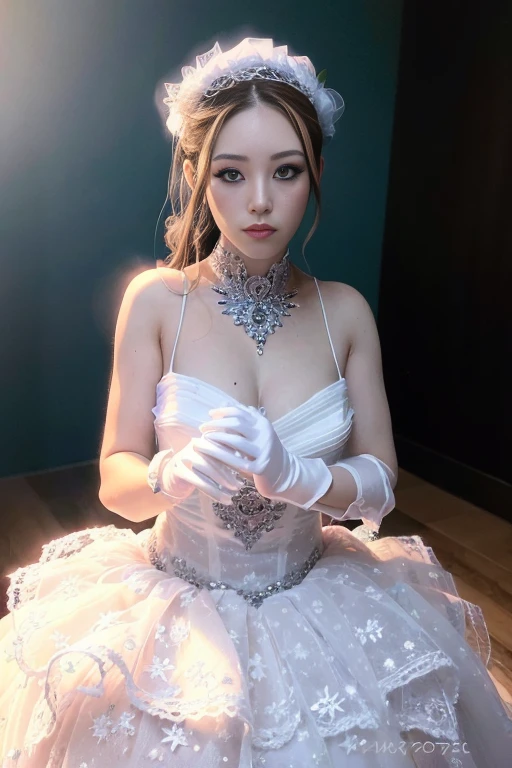 (photo realistic:1.55), <lora:jarry-05:1>, masterpiece, best quality, detailed, blurry, depth_of_field, blurry_background, blurry_foreground, 1girl, gloves, white_gloves, dress, motion_blur, photo_\(medium\), solo, white_dress