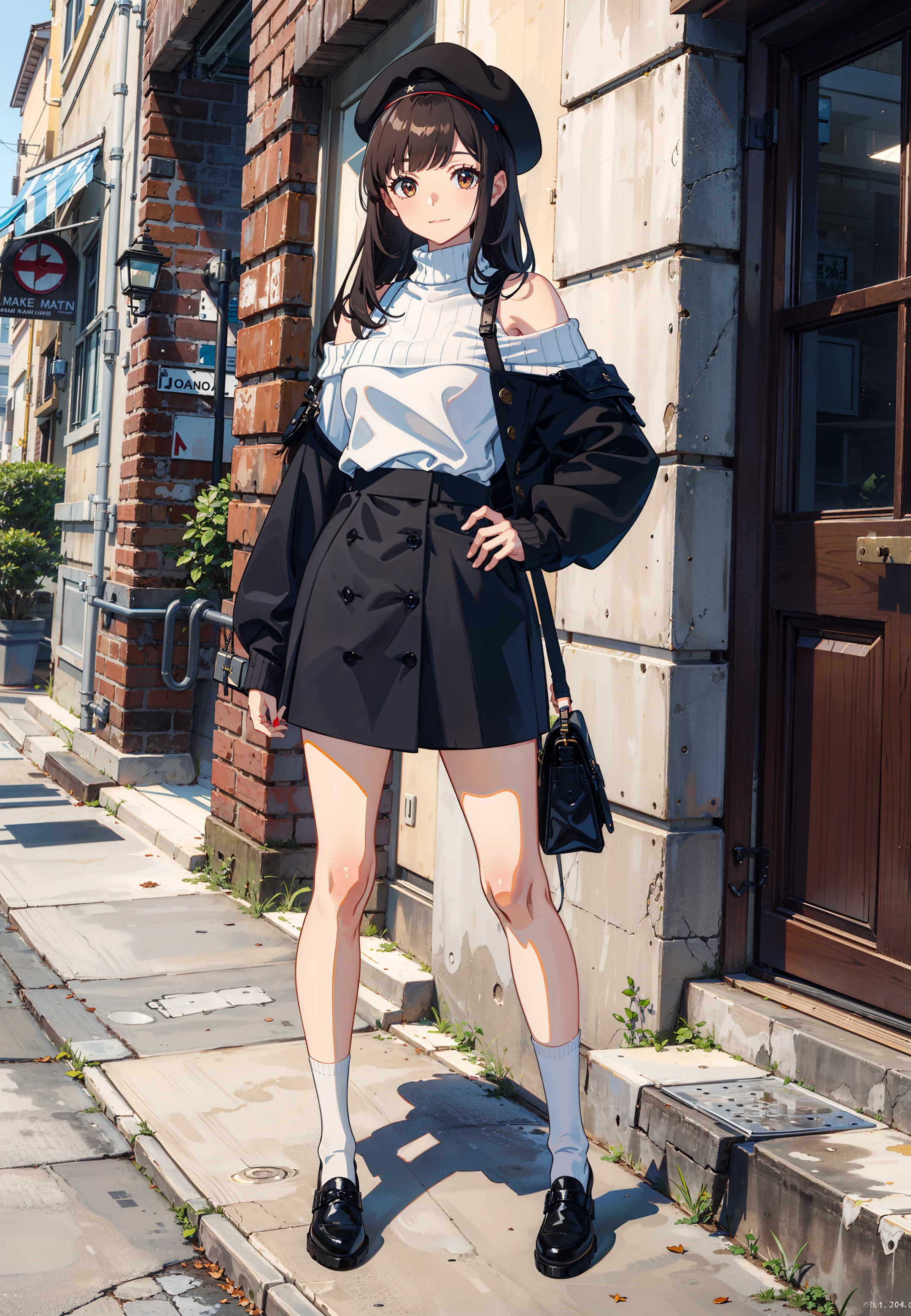 masterpiece, best quality, smile, hands on hips,
1girl, bag, street, bangs, bare shoulders, beret, black footwear, black headwear, brown eyes, brown hair, closed mouth, handbag, hat, holding, long hair, long sleeves, looking at viewer, off shoulder, shoes, skirt, sleeves past wrists, socks, solo, sweater, white legwear,
