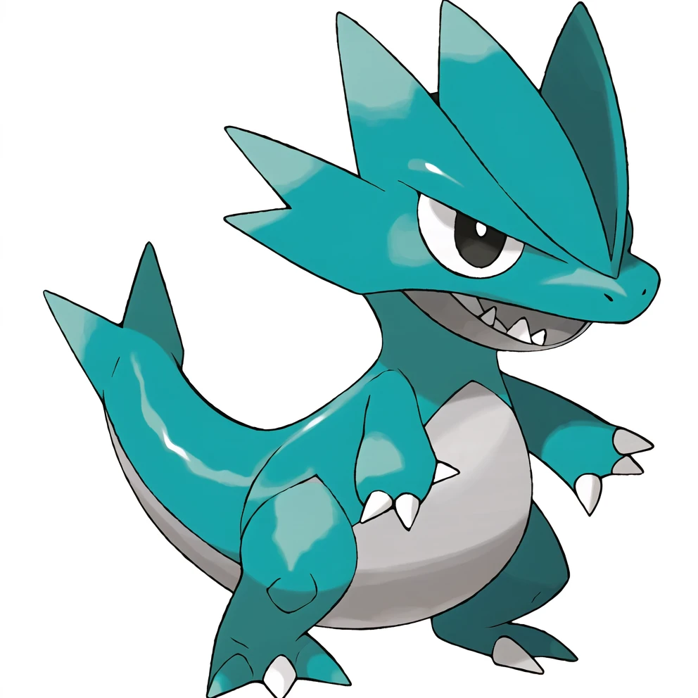 <lora:pokemon_v4_mix_outin:1> dragon pokemon, bagon, Bipedal, blue, reptilian Pokmon with a large, round snout, triangular eyes, yellow, circular ears, and two teeth. Three thick, gray ridges cover the top of its head and short legs with two toes, white background, (masterpiece)