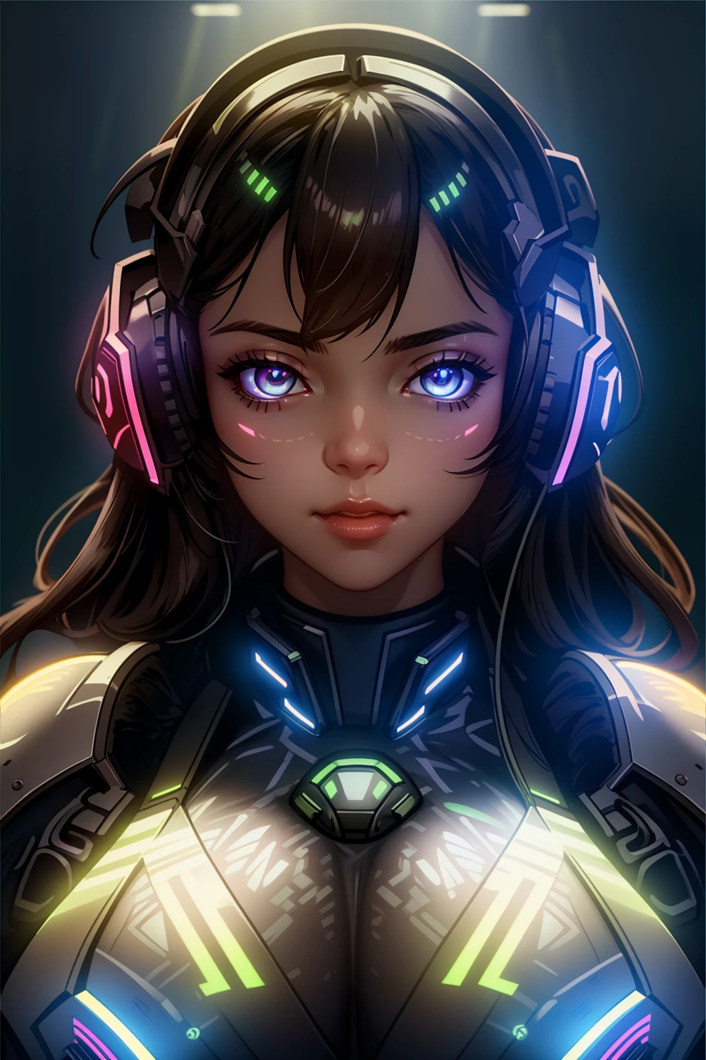 gamer, cleavage, huge breasts, headphones, goggles, rgb, <lora:GamerFashion-rgb-V1:1>, (sharp focus:1.2), portrait, ((posing)), (beautiful face:1.1), detailed eyes, luscious lips, ((skindentation)), (bright studio lighting:1.2), depth of field, bokeh, 4K, HD