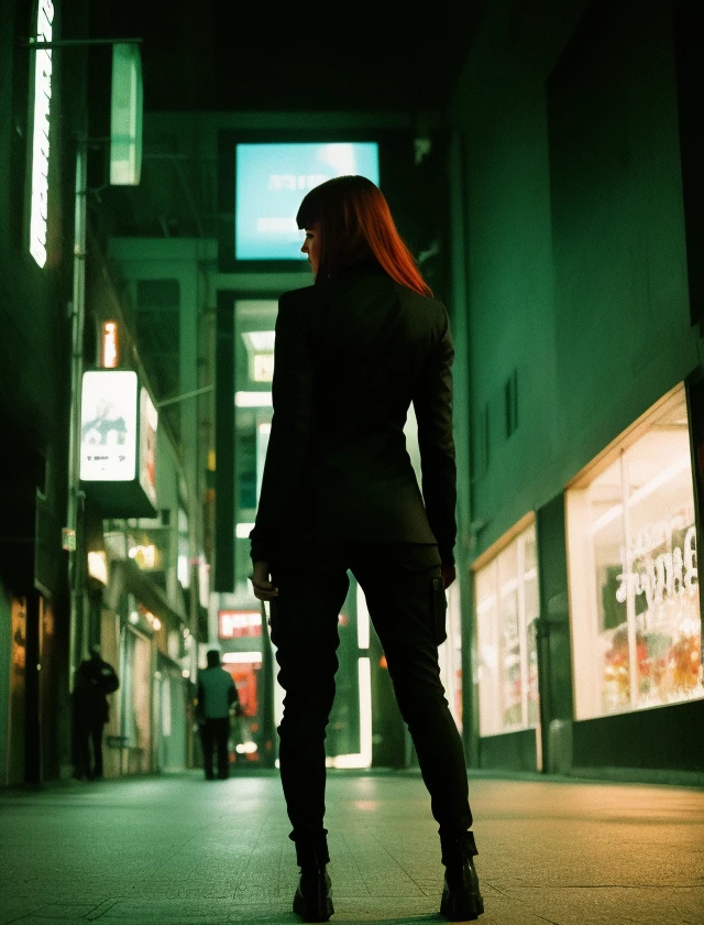 raw photo, fuji film, film grain, full body shot, a woman, walk away, cybersuit, cyberpunk, complex background <lora:Analog Style Fuji:0.7> <lora:Anouck Lepere:0.7>
