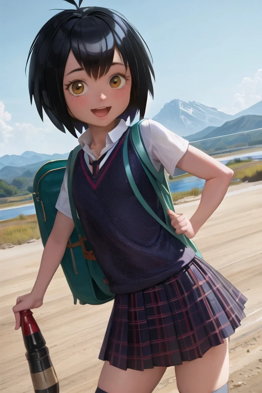 peniparker, :d, looking at viewer, backpack, cowboy shot, standing, mountain, river, pale skin <lora:peni_parker:1>