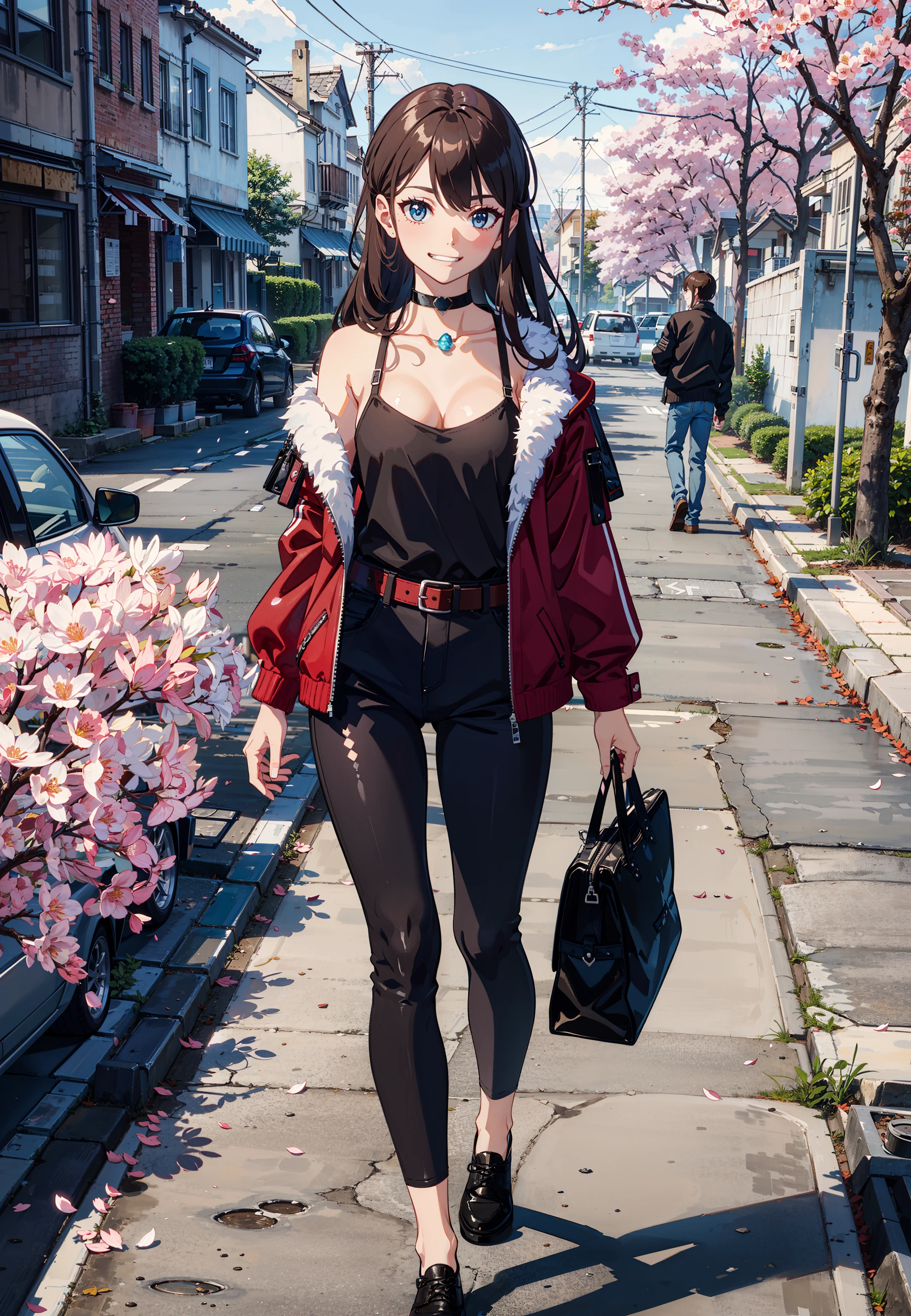 masterpiece, best quality, from side, ((smug|grin):1.3),
1girl, belt, black choker, black shirt, blue eyes, breasts, brown hair, choker, cleavage, closed mouth, collarbone, cowboy shot, feathers, jacket, long hair, long sleeves, looking at viewer, medium breasts, open clothes, open jacket, over shoulder, pants, smile, solo, standing, white feathers, full body,
street, sky, cherry blossoms, petals
