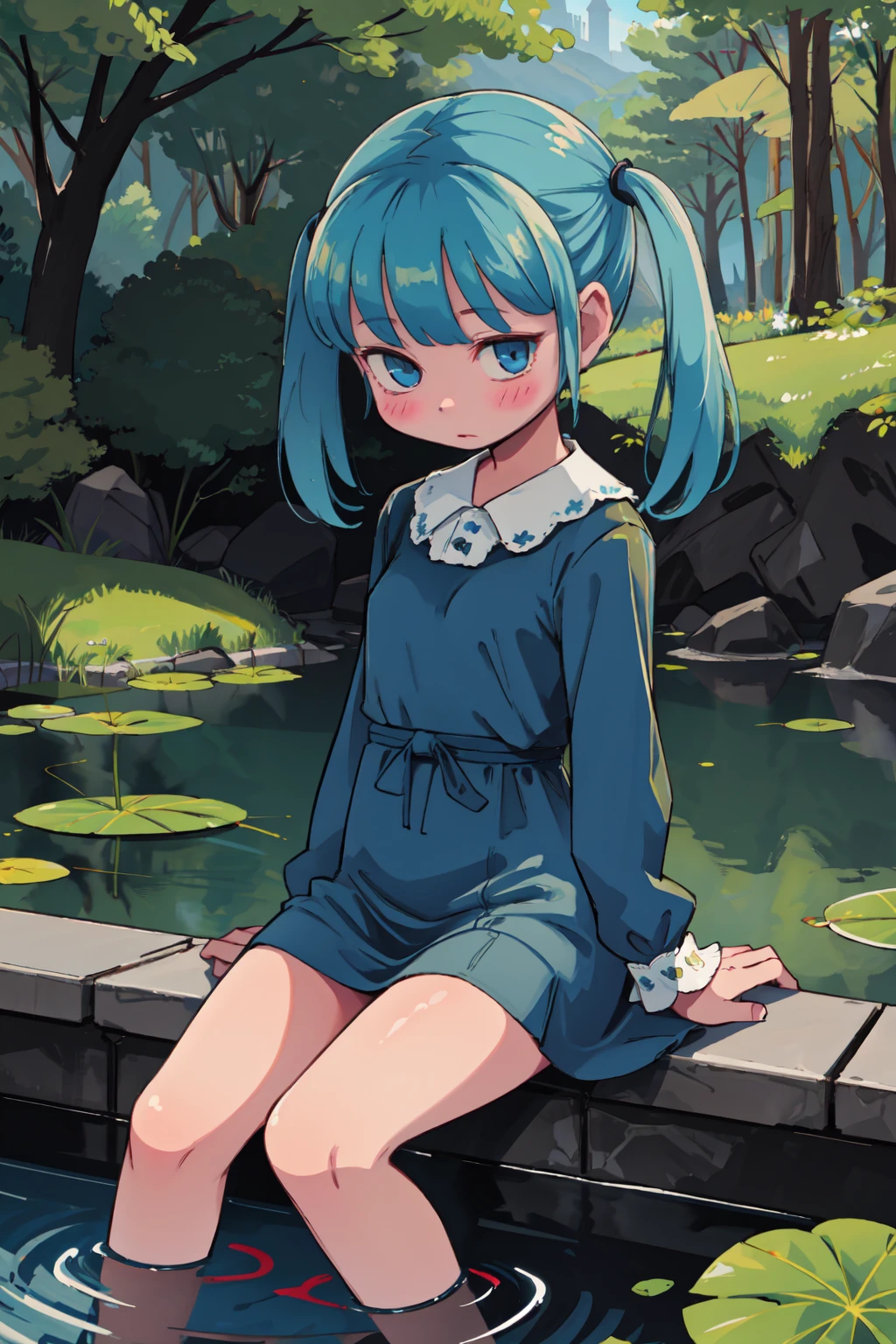 ((best quality)),((world masterpiece)),((illustration)),beautiful detailed,colourful,extremely detailed 8K wallpaper,finely detailed,dramatic light,intricate details, ((ultra-detailed)), 1girl, blue_dress, blue_eyes, blue_hair, blush, dress, long_sleeves, outdoors, pond, short_hair, sitting, soaking_feet, solo, twintails, two_side_up, water