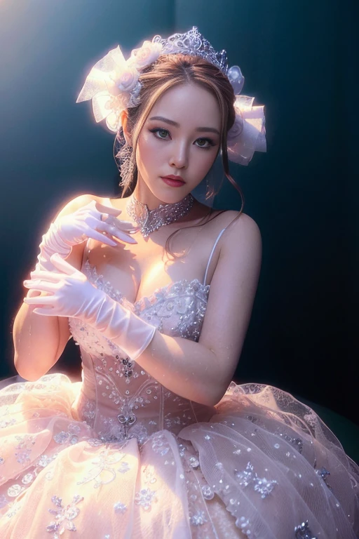 (photo realistic:1.55), <lora:jarry-05:1>, masterpiece, best quality, detailed, blurry, depth_of_field, blurry_background, blurry_foreground, 1girl, gloves, white_gloves, dress, motion_blur, photo_\(medium\), solo, white_dress