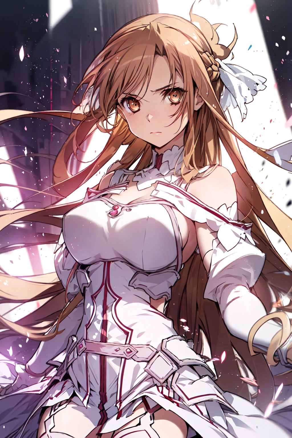 with brown hair and brown eyes, beautiful eyes, a melancholy expression that stirs affection, large breasts, dress, floating hair, light particles, glare, vivid,fancy, dreamlike, a dim atomshpere, stacia, garter belt,<lora:asuna_(stacia):0.6>