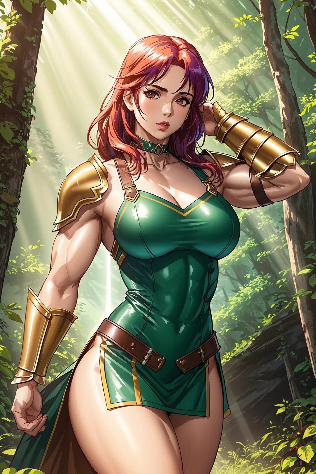<lora:DoubleThickV2:1>, amazon goddess, sexy armor, vivid colorful hair, pale skin, breasts, barbarian leather armor, choker minidress, savage power, light rays, god rays, furry armor, Jurassic, forest, leaves, muscular, bodybuilder, realistic