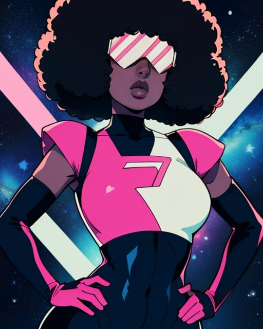 Garnet, black square afro, lips, sunglasses, navel , standing, hands on hips, close up,
GaSut, cropped chest plate with star, multicolored bodysuit, elbow gloves, black and pink attire,
outer space, stars, dark corners, retro,
(insanely detailed, beautiful detailed face, masterpiece, beautiful detailed eyes, best quality) <lora:Garnet:0.8>