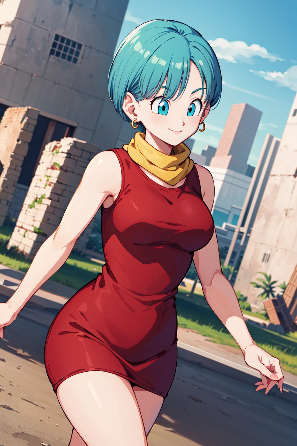 masterpiece, best quality, highres, dragon ball, blmshort, aqua hair, very short hair, earrings, jewelry, red dress, medium breasts, yellow scarf, short dress, sleeveless, <lora:bulma_v1:0.7>, outdoors, smile, cowboy shot, walking, ruins, building